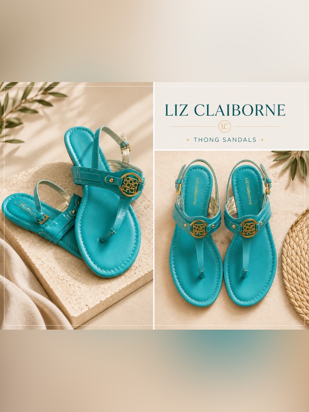 Liz Claiborne Turquoise T-Strap Sandals with Gold Medallion